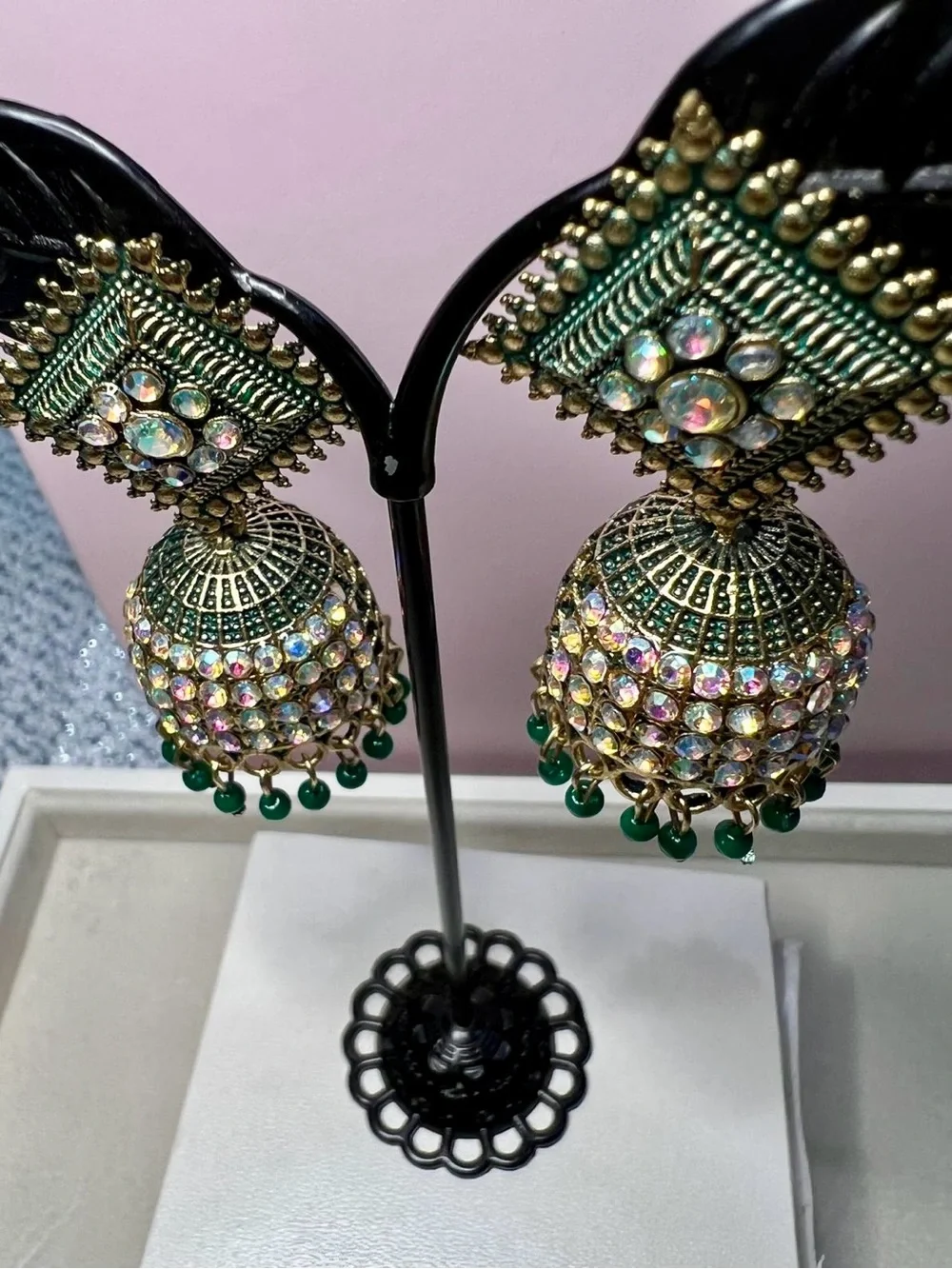 Gold-Tone Green Beaded Jhumka Earrings with Aurora Rhinestones